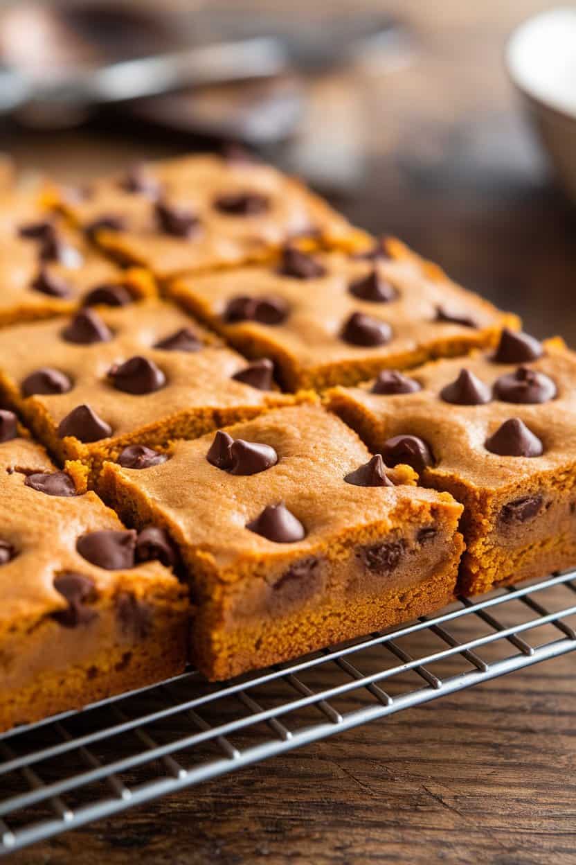 Indoor photo of square pumpkin blondies with visible chocolate chips on a cooling rack, no text or logos