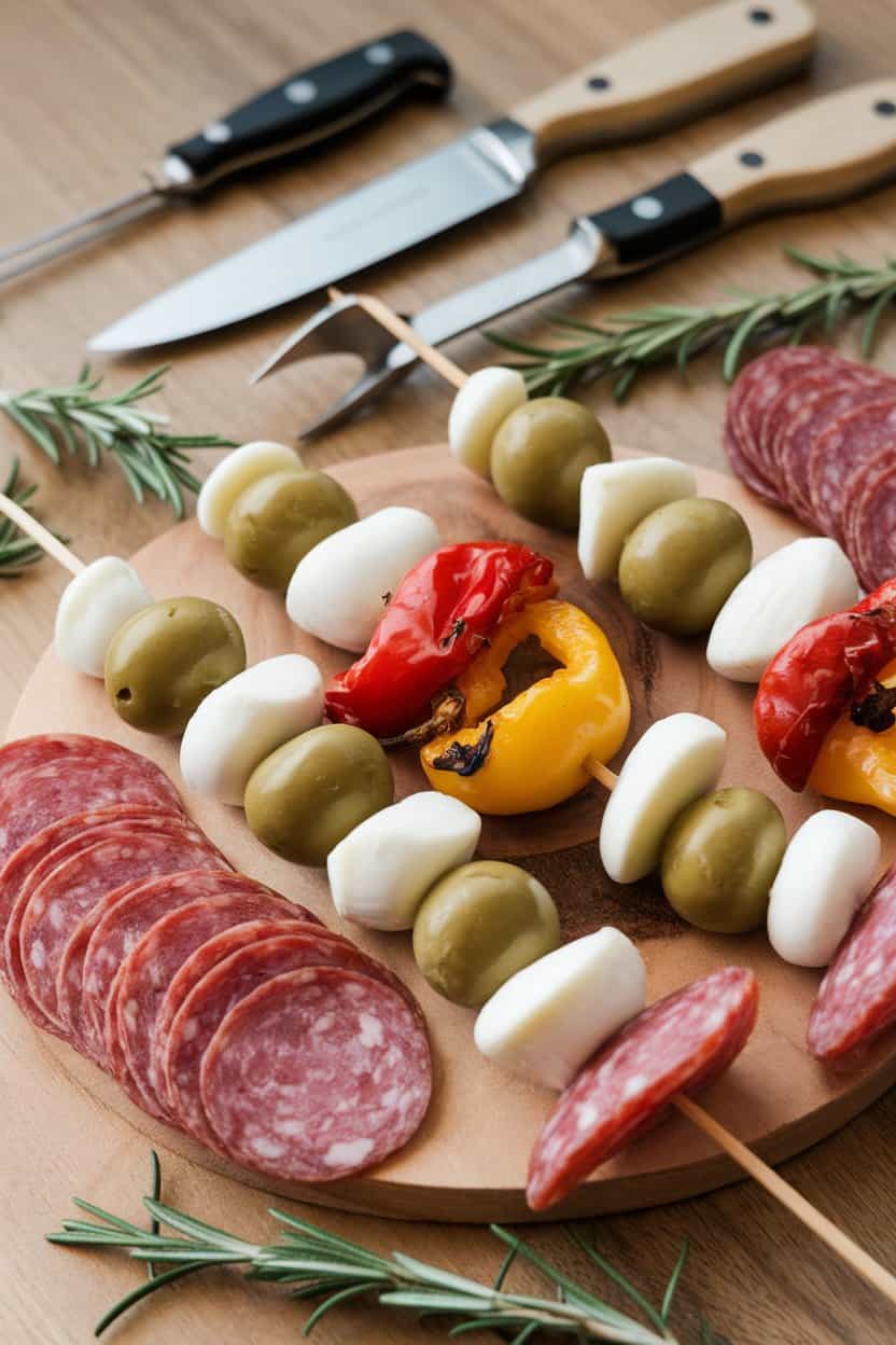 Indoor charcuterie board with short skewers of salami, mozzarella, olive, and roasted pepper, sprigs of rosemary scattered around. No branding or text. Photo, not illustration.