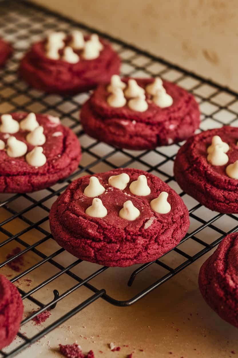 Indoor photo of deep red sugar cookies with white chocolate chips on a cooling rack, no branding.