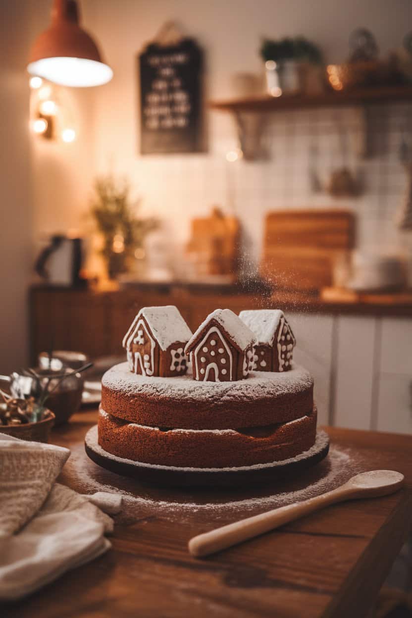 A cozy indoor kitchen scene featuring a cake topped with mini gingerbread houses dusted with powdered sugar “snow,” warm lighting, no text or logos.