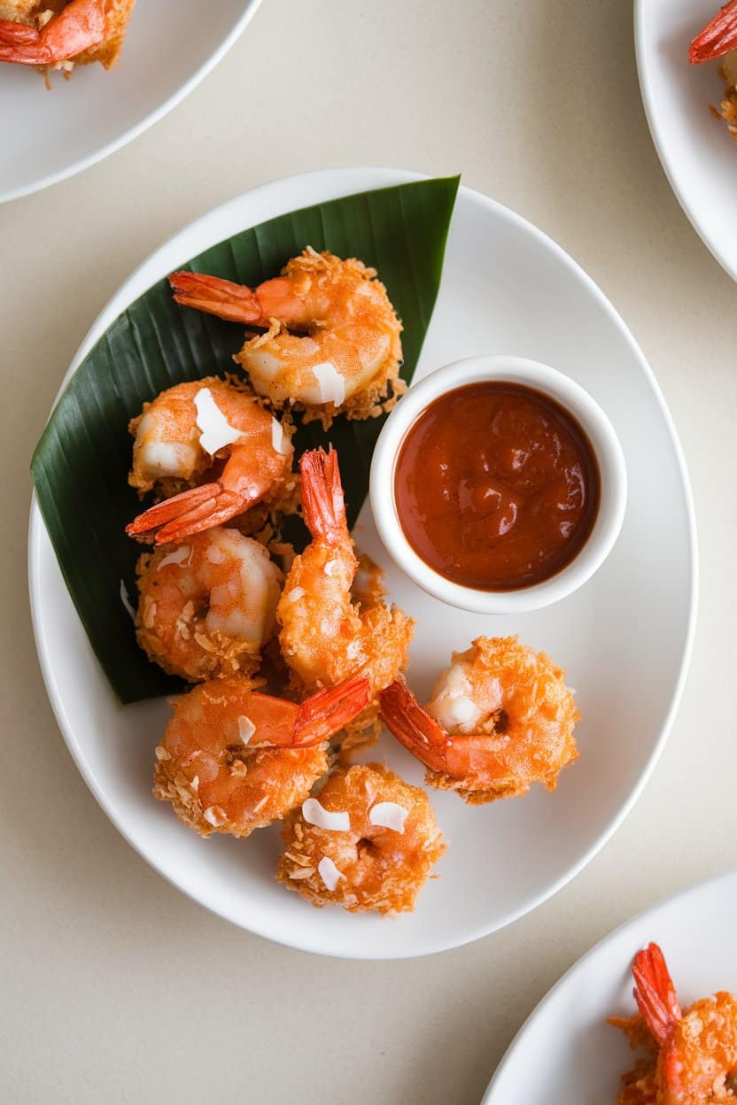 Indoor photo of crispy coconut-crusted shrimp bites on a white platter with a ramekin of glossy sweet chili sauce; overhead angle; no text or logos.