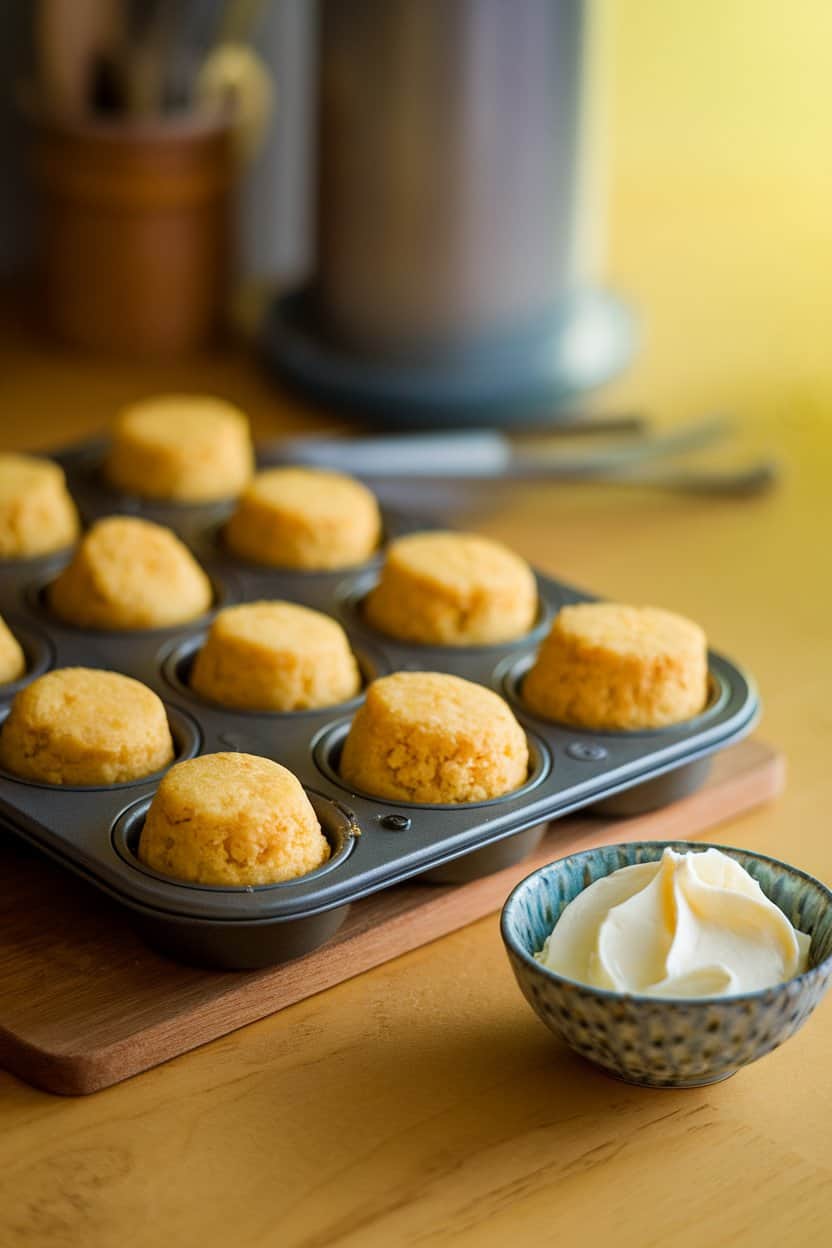 Indoor muffin tin filled with mini cornbread bites, a small bowl of whipped honey butter resting beside. Soft yellow lighting, no branding. Photo, not illustration.