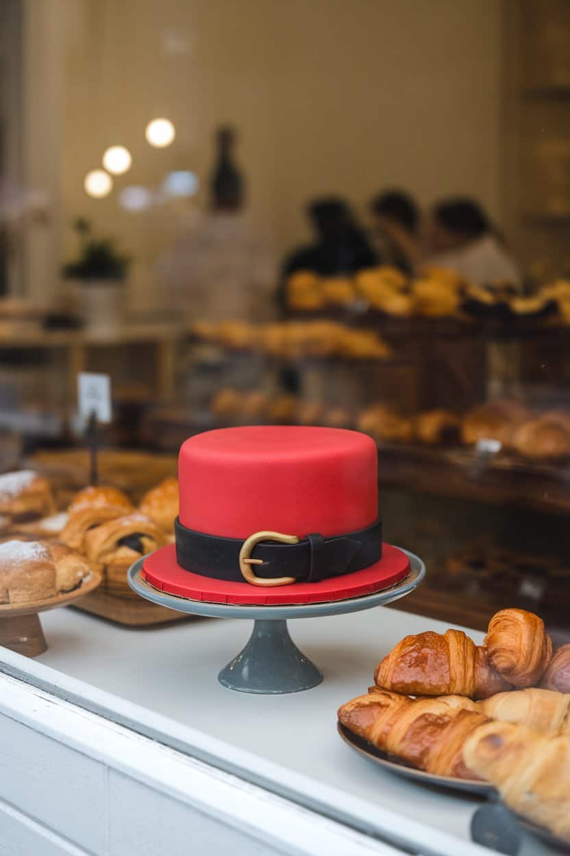 Indoor bakery window scene featuring a red fondant cake wrapped with a black fondant belt and gold buckle, no text or logos.