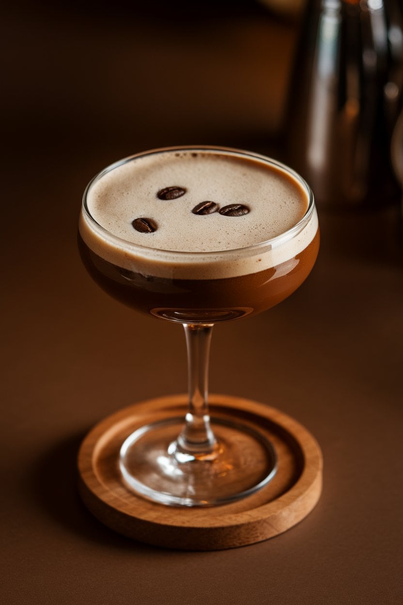 Indoor photo of a coupe glass holding a frothy coffee mocktail with three coffee beans floating on top, soft bar lighting; no text or logos.