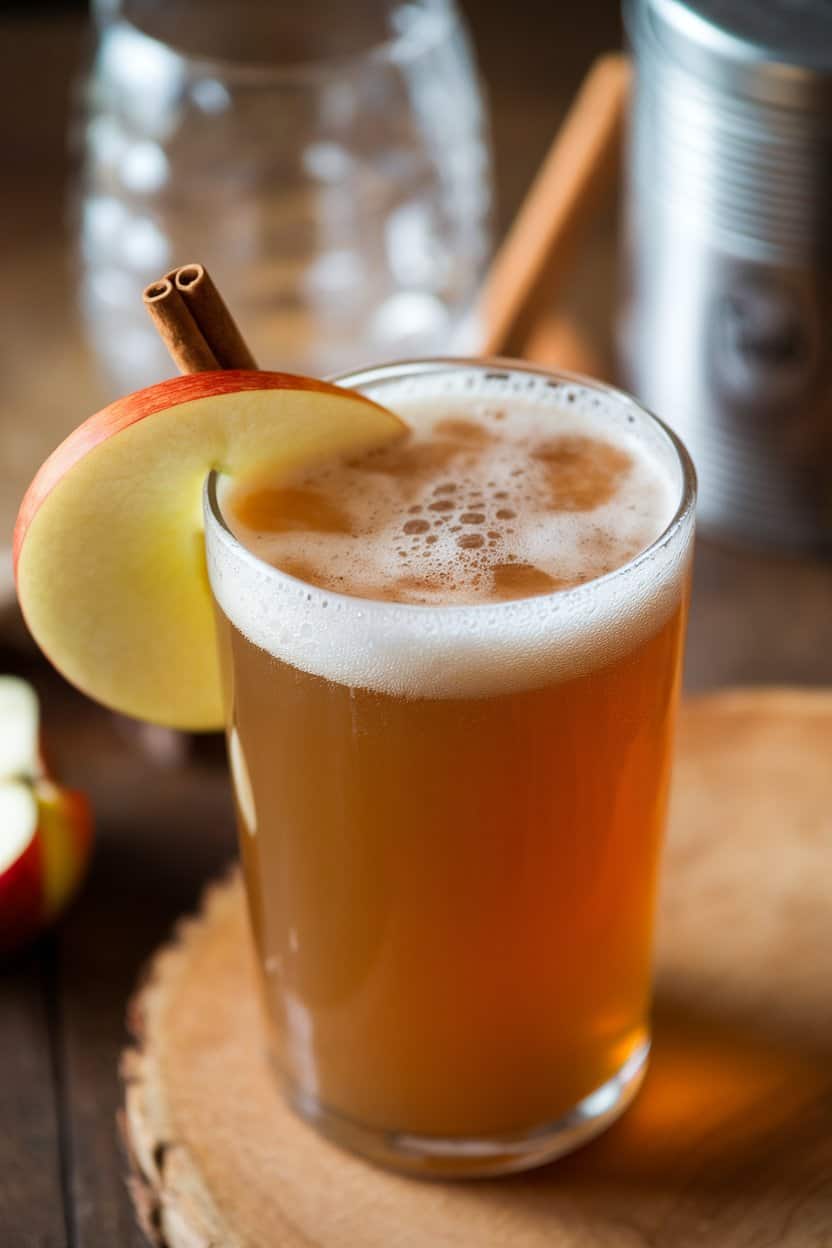 Pint glass indoors containing hazy cinnamon-cider shandy with foamy head, apple slice garnish; casual kitchen scene, no text or logos. Photo only.