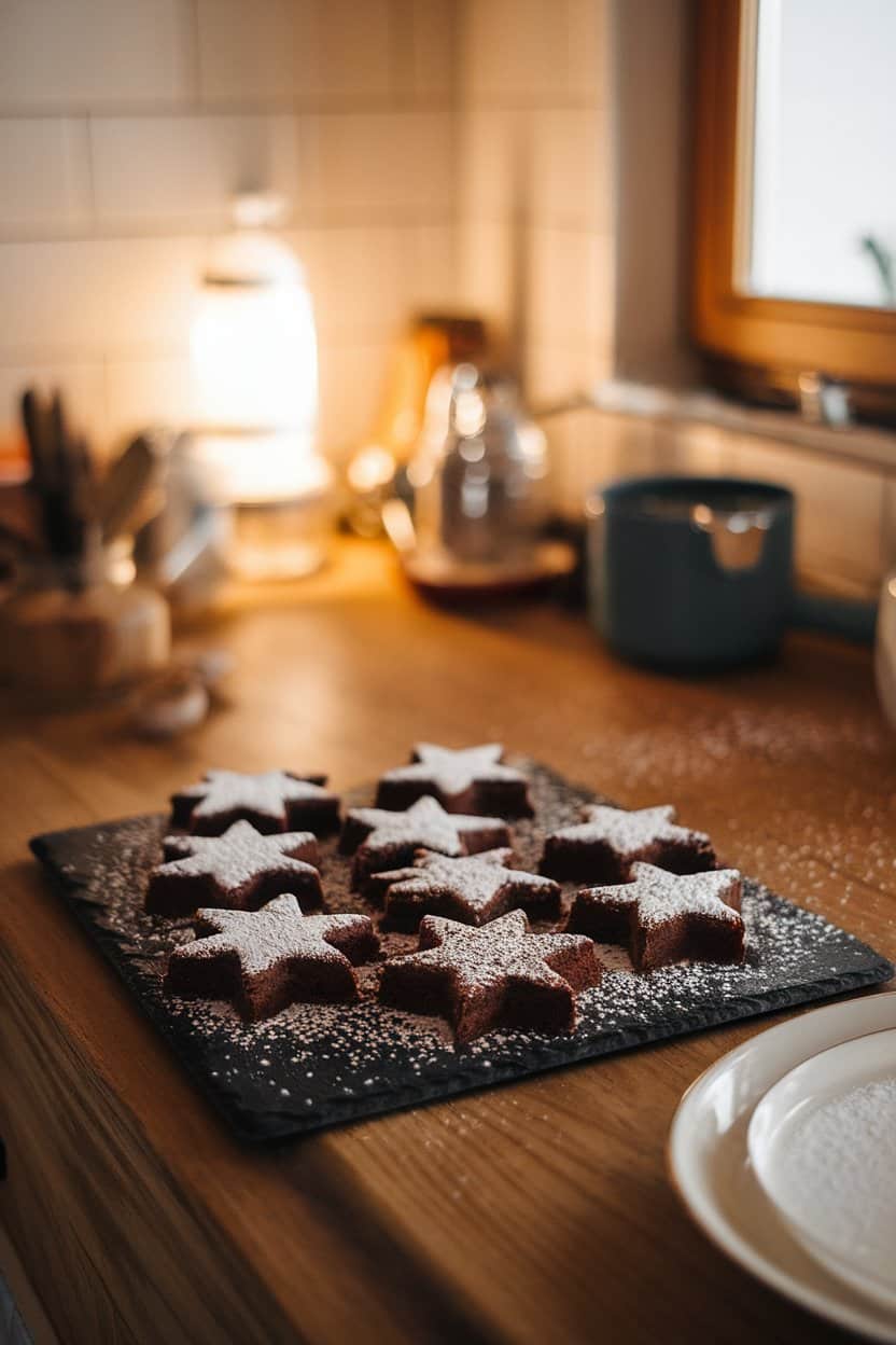 A warmly lit indoor kitchen counter with star-shaped chocolate brownies dusted lightly with powdered sugar, arranged on a slate board. No text or logos. Photo.