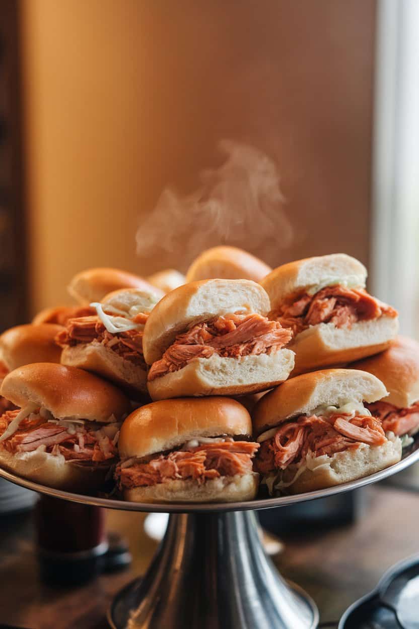 Indoor serving tray of mini brioche buns filled with shredded BBQ chicken and a bit of coleslaw, steam faintly visible. Warm lighting, no logos or text. Photo, not illustration.