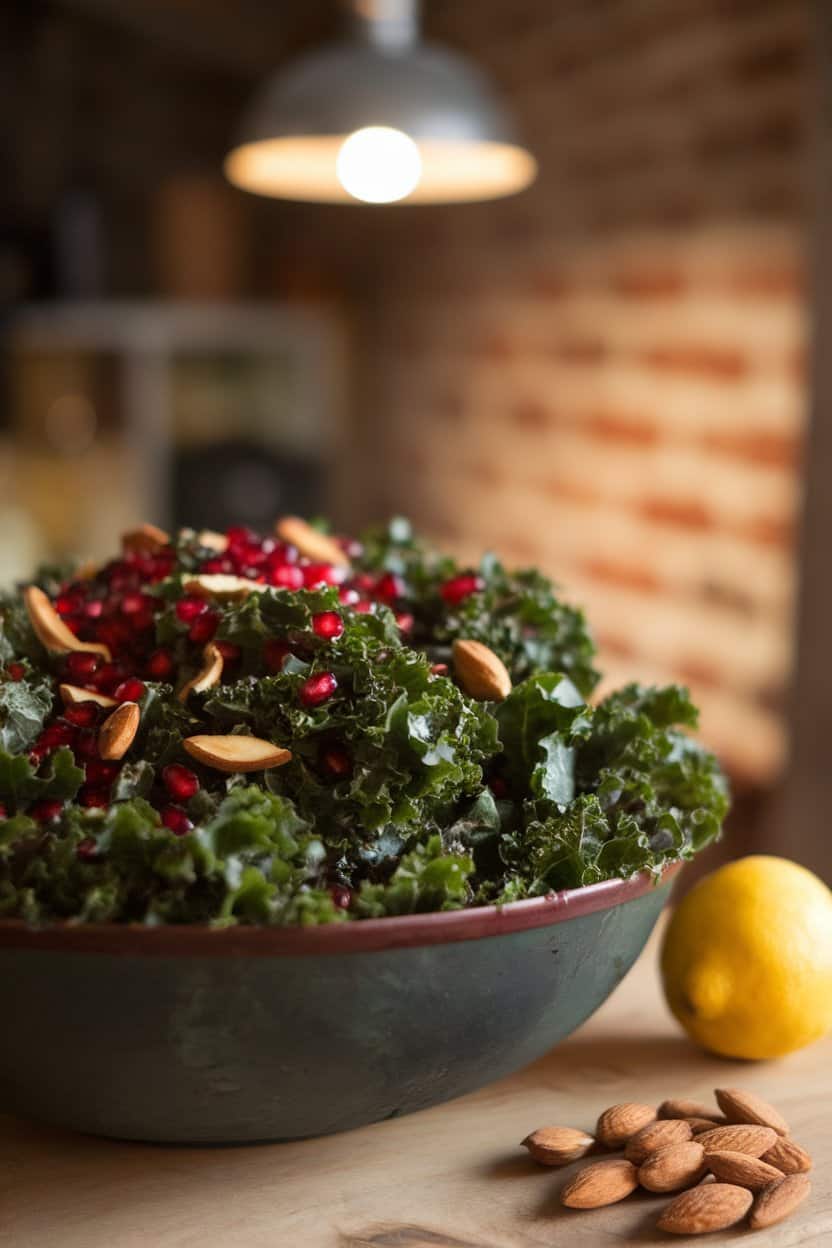 Indoor photo of a large bowl of dark green kale massaged with dressing, dotted with ruby pomegranate arils and toasted almonds; no text or logos.