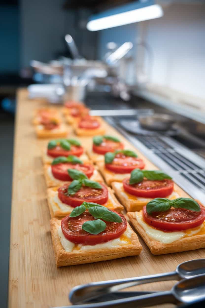 Indoor countertop with square puff pastry tarts topped with roasted tomato slices and fresh basil ribbons, cheese melted underneath. No text or logos. Photo, not illustration.