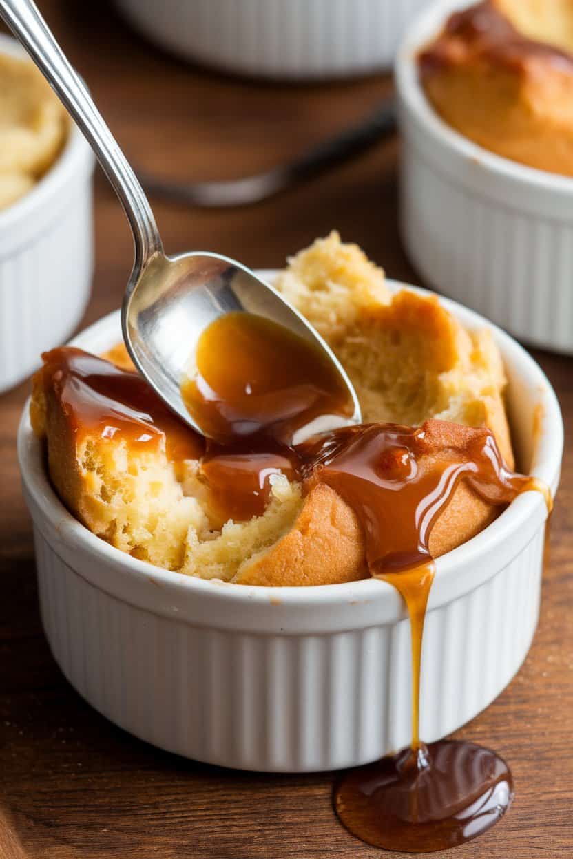Indoor photo of a ramekin of warm bread pudding drizzled with glossy salted caramel, a spoon breaking into the top; no text or logos.