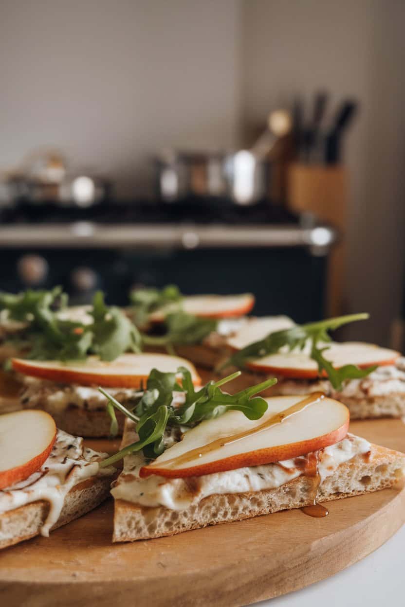 Indoor photo of sliced flatbread topped with thin pear slices, melted Gorgonzola, arugula, and a honey drizzle on a wooden board, no text or logos