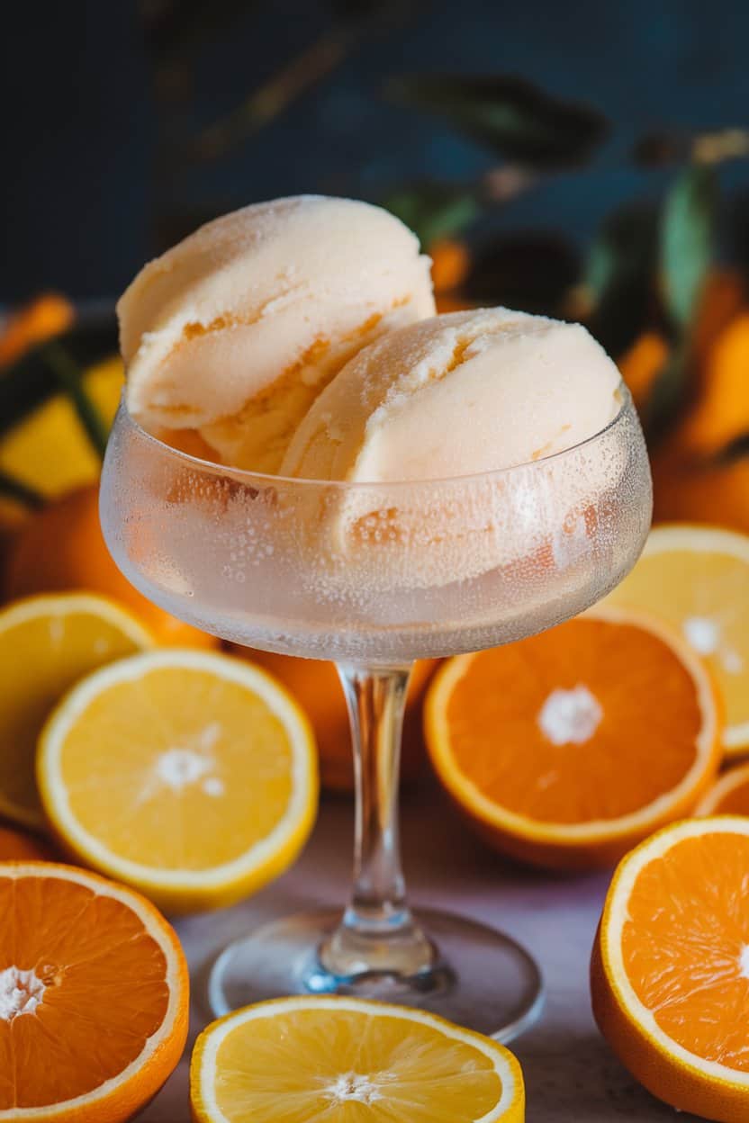 Indoor photo of a frosty coupe glass holding two scoops of pale orange sorbet, condensation on the glass, surrounded by sliced citrus; no text or logos.