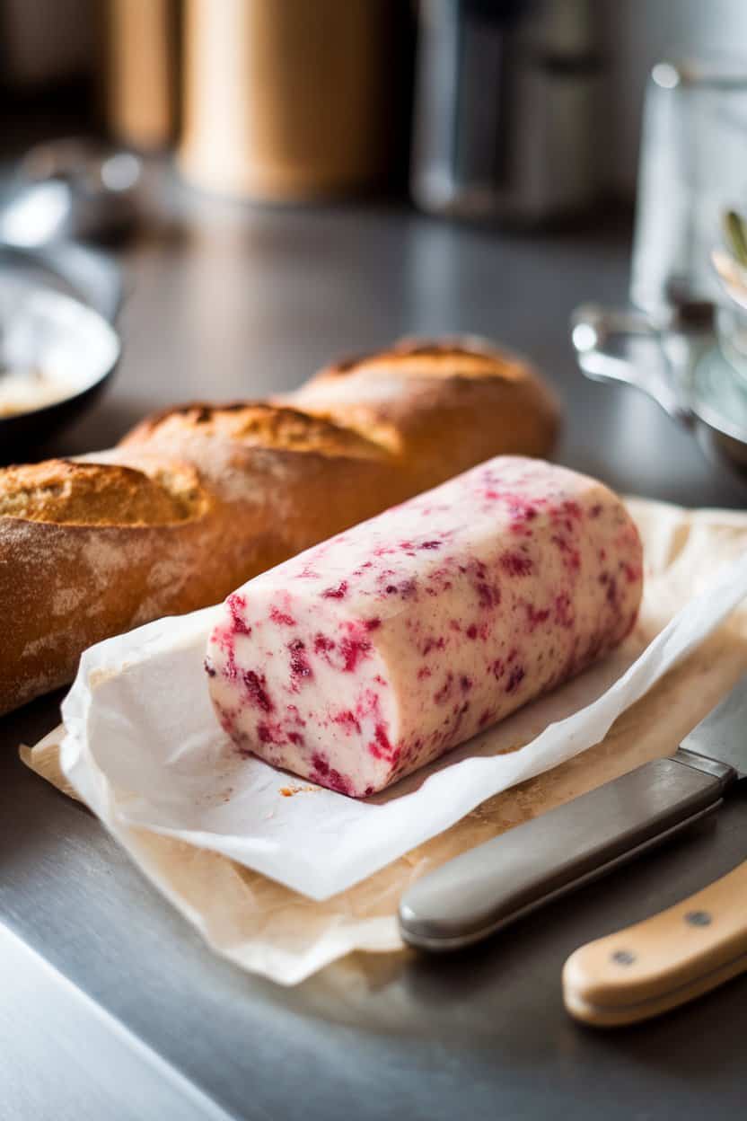 An indoor kitchen counter with a log of cranberry-herb butter wrapped in parchment, slices cut to show red flecks, baguette nearby. No text or logos, photo only.