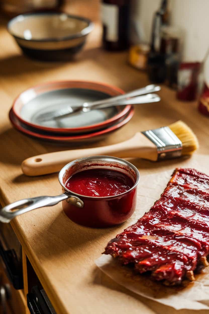 An indoor counter scene featuring a small saucepan of deep red cranberry barbecue sauce beside a basting brush and cooked ribs. No text or logos, photo only.
