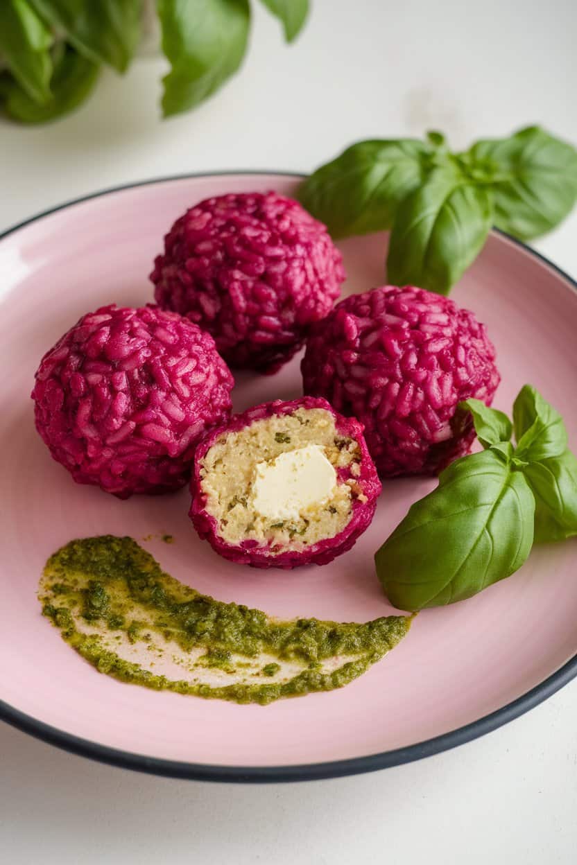 Indoor plate displaying vibrant magenta risotto balls, one cut open to show creamy goat cheese center, set on a smear of basil pesto. No text or logos, photo.