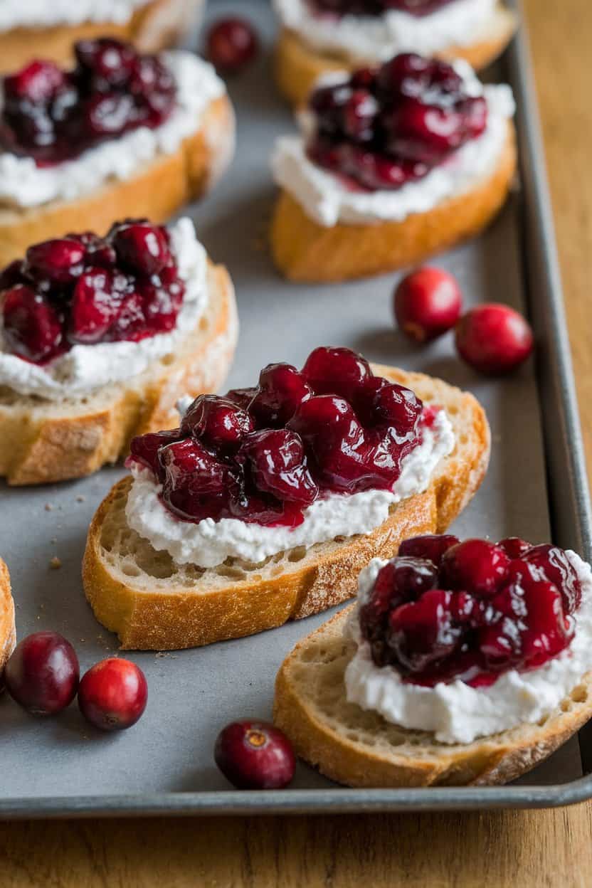 An indoor appetizer tray featuring toasted baguette slices topped with whipped goat cheese and a glossy cranberry compote. No text or logos, photo only.