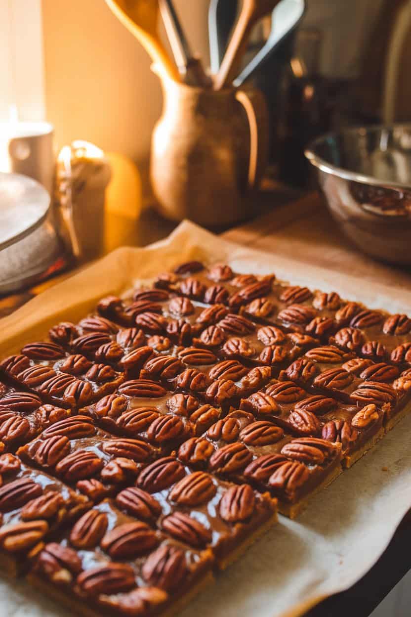 A warmly lit indoor worktop with pecan pie bars cut into rectangles, glossy maple filling and pecan halves visible on top, arranged neatly on parchment. No text or logos. Photo.