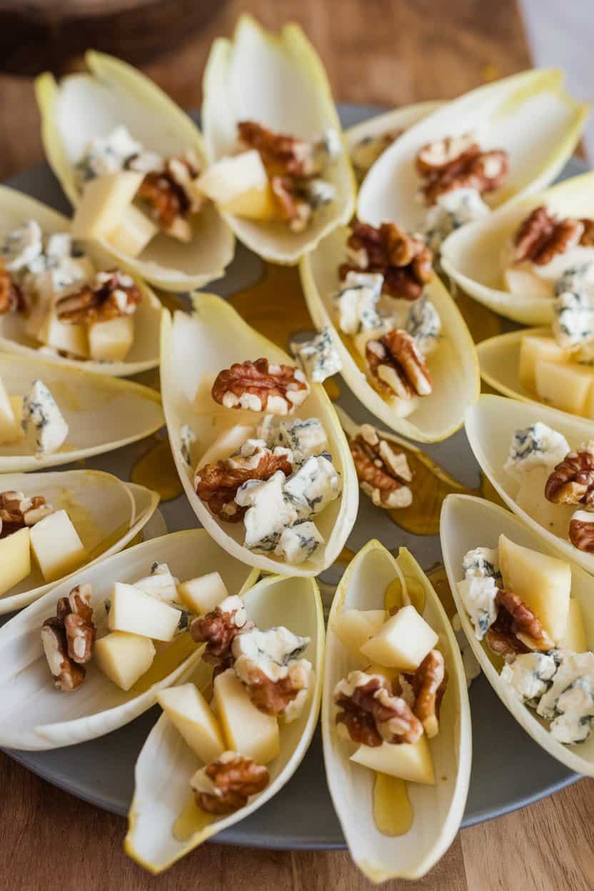 Indoor platter of crisp endive leaves filled with diced pear, crumbled blue cheese, and walnut pieces, drizzle of honey visible. No branding or text. Photo only.