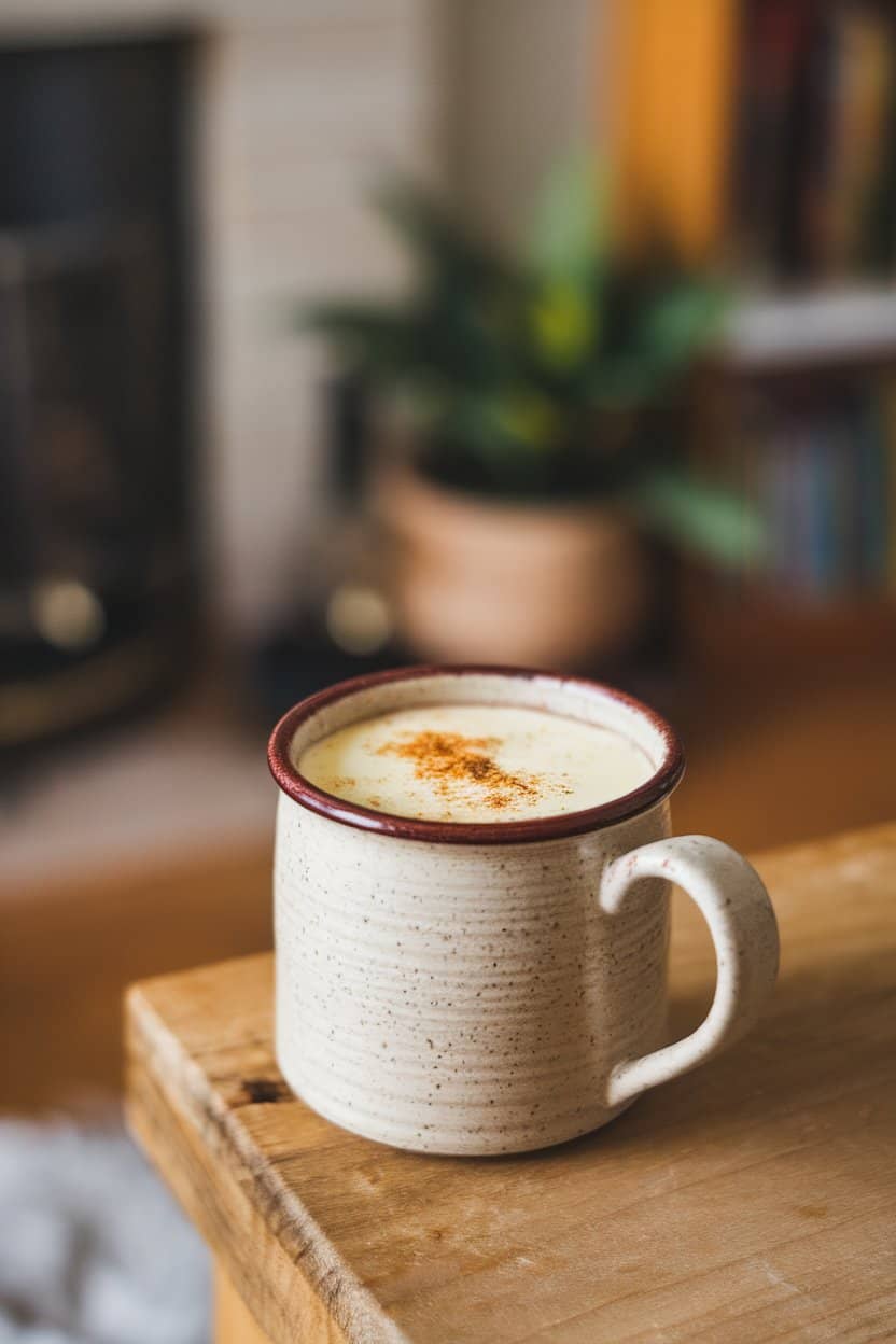 Indoor photo of a ceramic mug filled with hot buttered rum, a thin layer of melted butter on top and a sprinkle of nutmeg, no text or logos