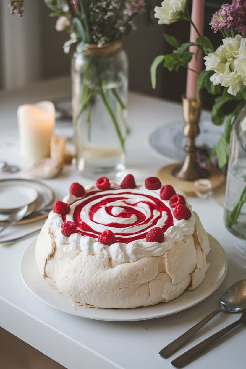 An indoor dining table with a large pavlova shell topped with whipped cream and raspberry puree swirled through, fresh raspberries scattered on top. No text or logos. Photo.