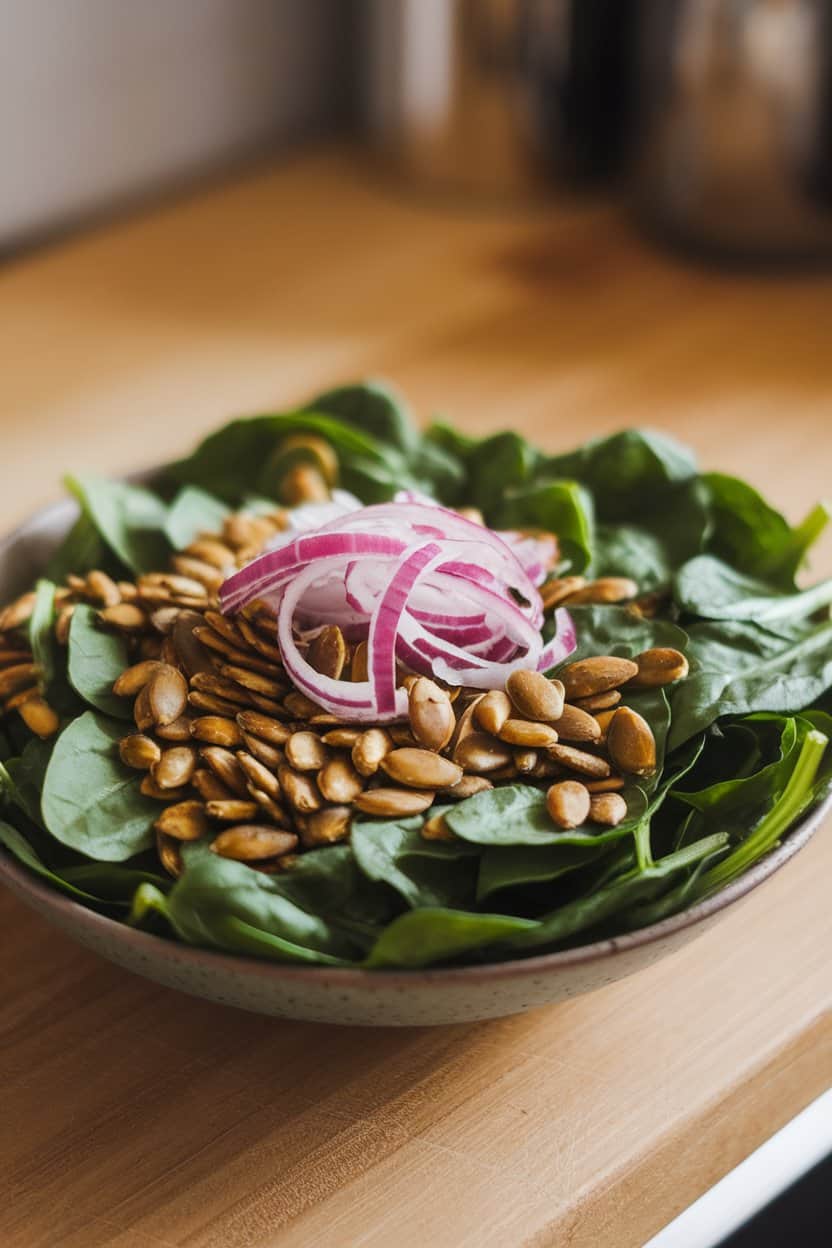 Indoor photo of baby spinach leaves topped with maple-glazed pumpkin seeds and shaved red onions, arranged in a wide shallow bowl. No text or logos.