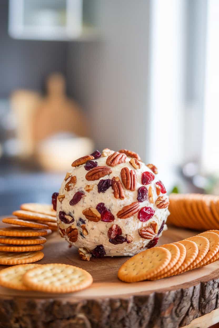 An indoor appetizer spread showing a round cheese ball studded with dried cranberries and chopped pecans, crackers arranged nearby on a wooden board. No text or logos, photo only.