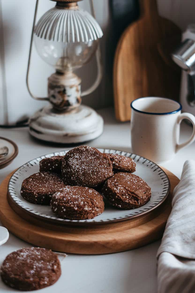 Photo prompt: Cozy indoor scene with a plate of dark ginger molasses cookies, sugar-sparkled tops, gentle kitchen lighting, no text or logos.