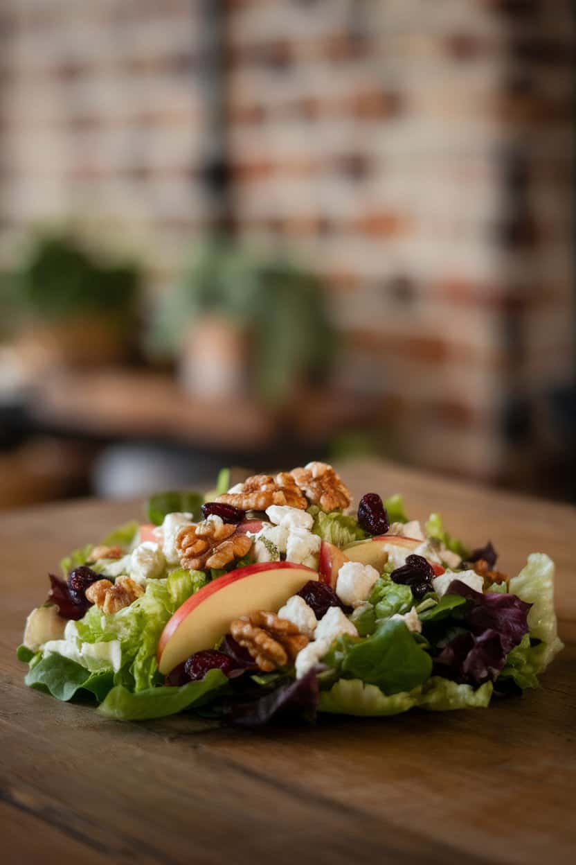 Indoor photo of a leafy salad featuring apple slices, candied walnuts, goat cheese crumbles, and dried cranberries on a wooden table, no text or logos