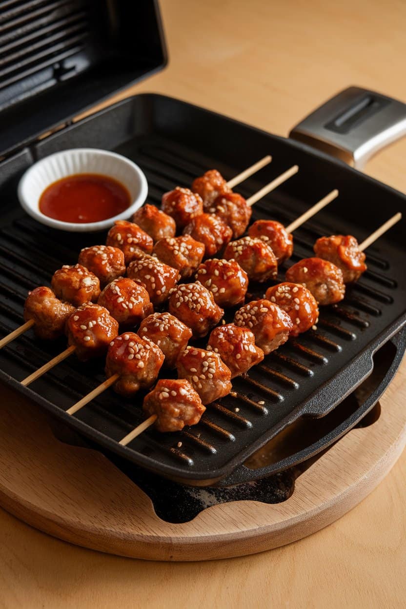 Indoor grill pan holding wooden skewers of glazed meatballs sprinkled with sesame seeds, a small dish of extra sauce nearby. Warm indoor light, no branding. Photo only.