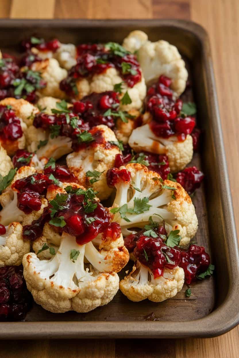 Indoor serving tray with roasted cauliflower florets coated in sticky cranberry barbecue sauce, garnished with chopped parsley. No text or logos, photo.