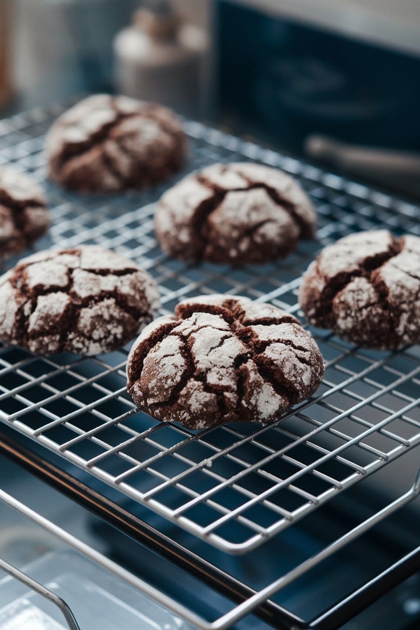 Photo of an indoor metal cooling rack with chunky dark cookies cracked on top and dusted lightly with coarse sugar—no text or logos.