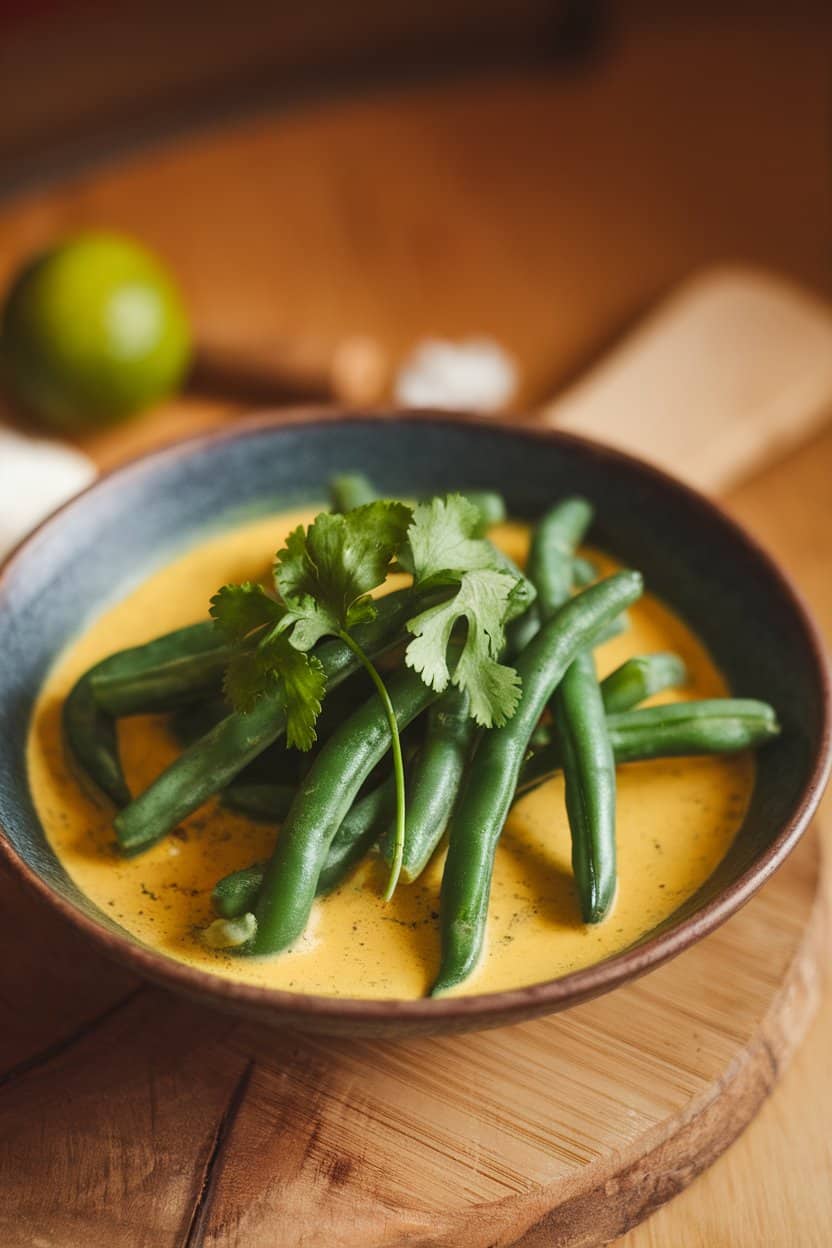 Photo indoors of a shallow bowl containing green beans in a creamy yellow coconut curry sauce, garnished with cilantro; warm lighting, no text or logos
