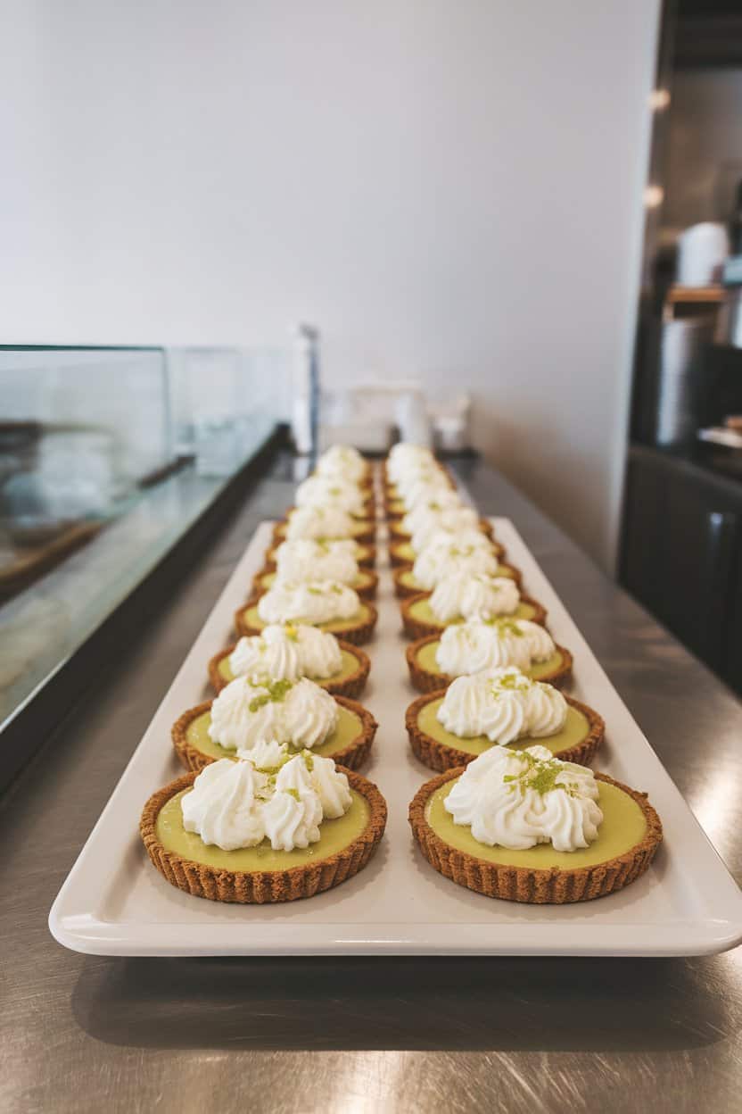 An indoor cafe counter displaying individual key lime pies in graham crusts, topped with whipped cream rosettes and lime zest, lined up on a white platter. No text or logos. Photo.