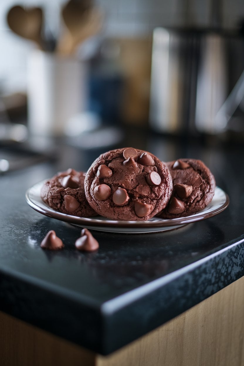 Photo prompt: Indoor kitchen island with dark, glossy double chocolate cookies studded with chocolate chips, shallow depth of field, no text or logos.
