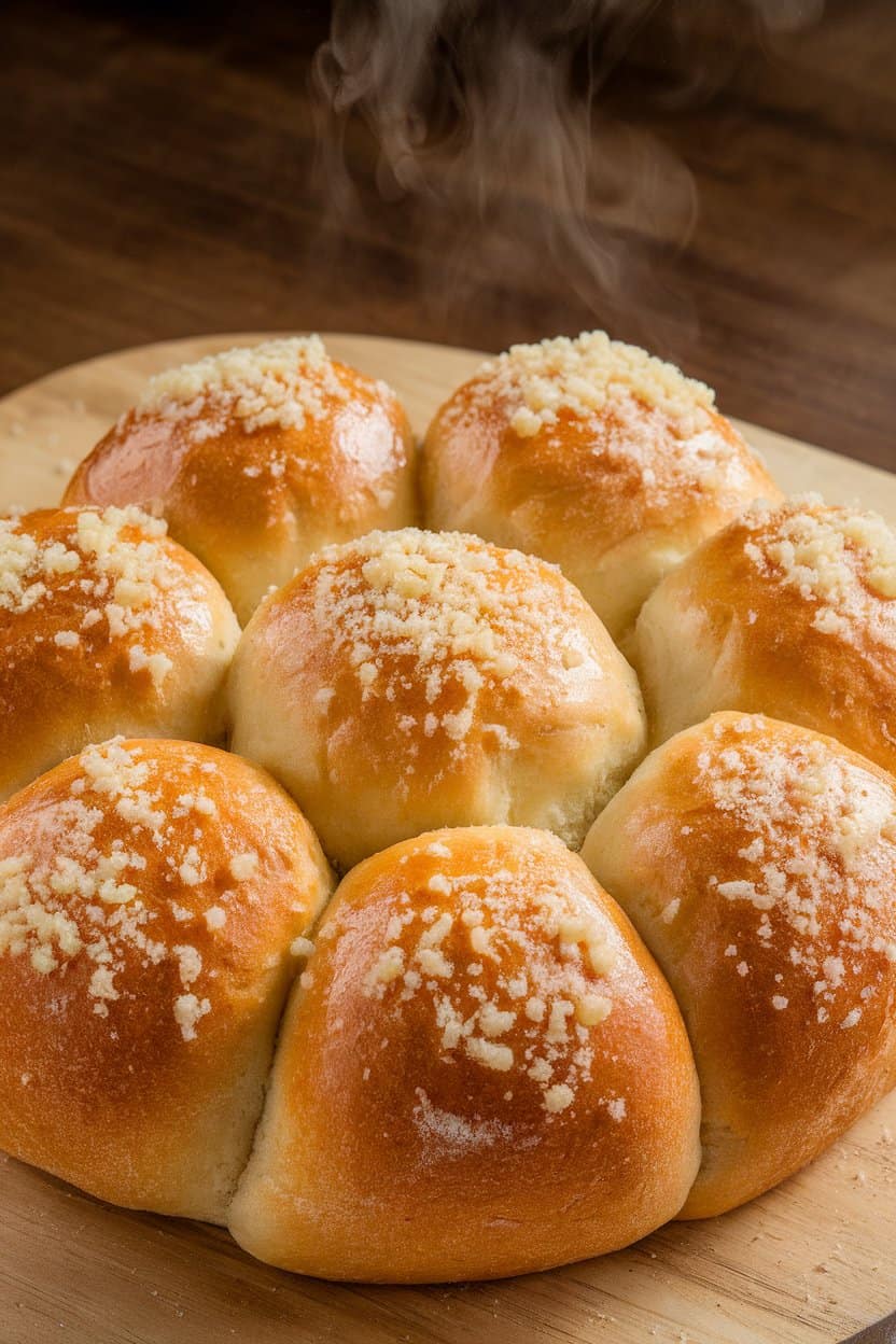 Indoor photo of a round pull-apart bread loaf, each segment glistening with garlic butter and grated Parmesan, steam rising gently; no text or logos.