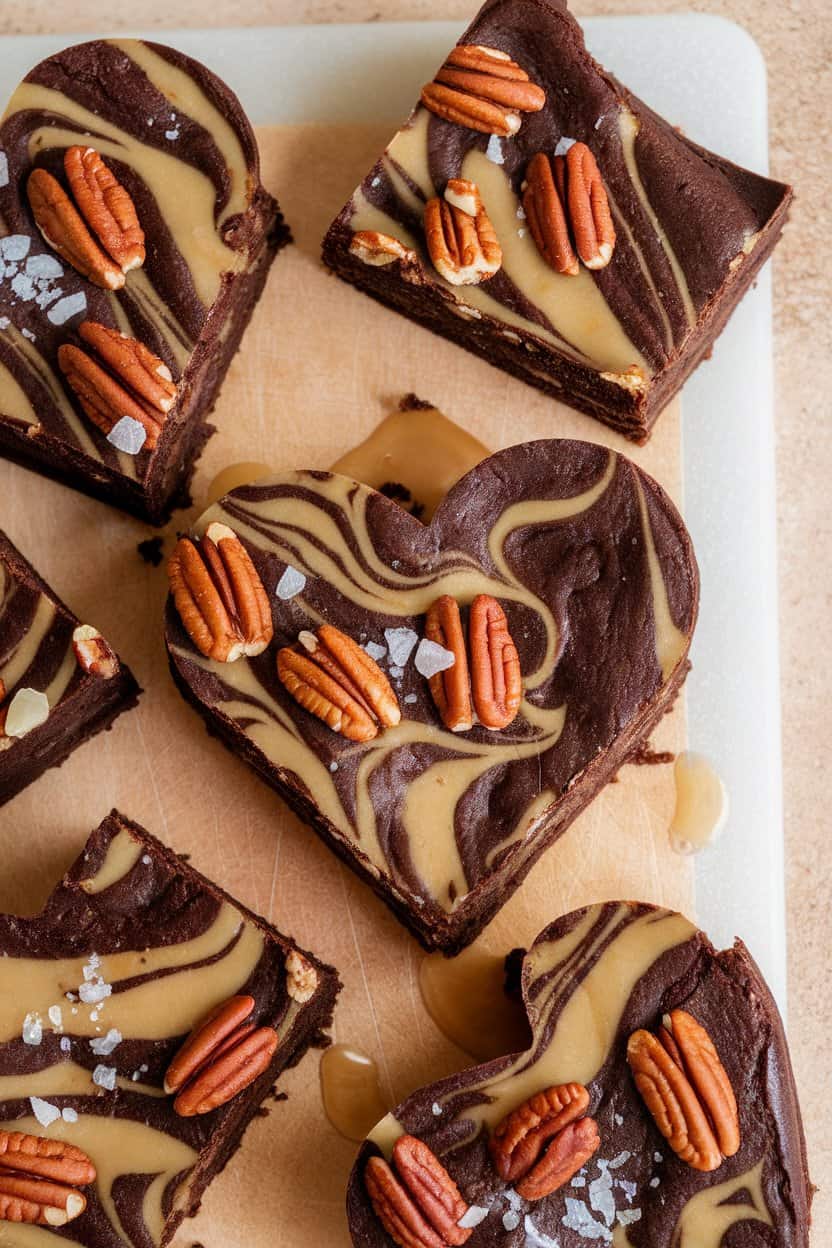 Indoor photo of fudgy brownies swirled with salted caramel and studded with pecans on a parchment-lined cutting board, no text or logos
