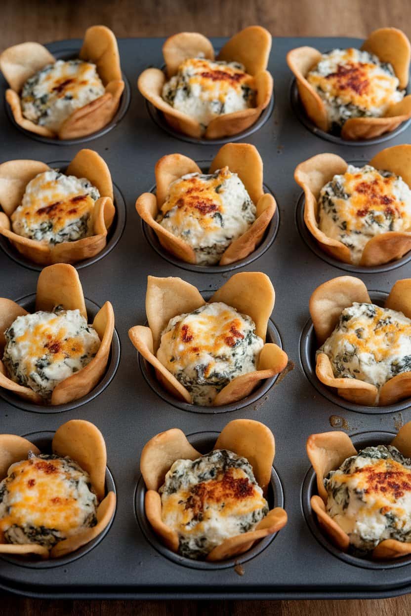 Indoor scene of a muffin tin holding crispy wonton cups filled with creamy spinach-artichoke dip, cheese lightly browned on top. No text or logos. Photo, not illustration.