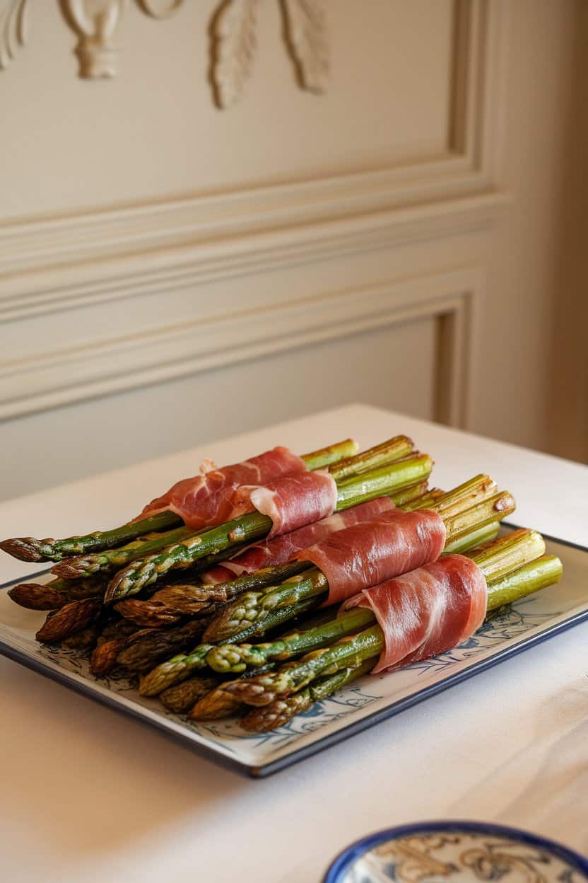 A rectangle platter in an indoor dining room stacked with roasted asparagus spears partially wrapped in prosciutto, ends slightly crisped. No text or logos, photo.