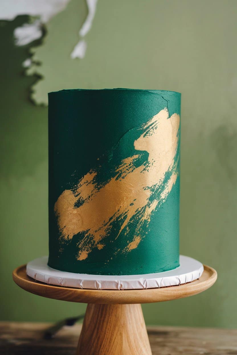 Indoor artsy angle on a deep green buttercream cake adorned with abstract edible gold brush strokes, no text or logos.