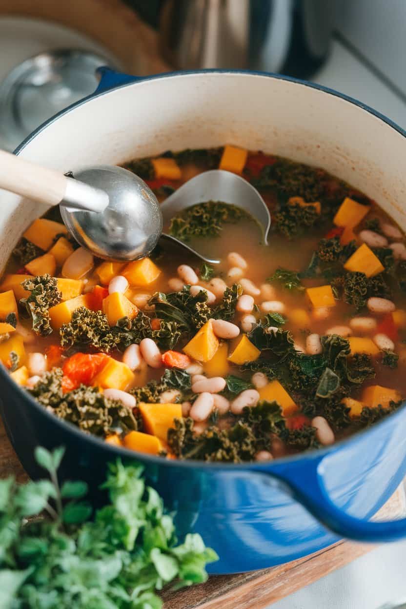 Indoor photo of a pot of chunky minestrone featuring diced squash, kale, and cannellini beans, ladle resting on the rim, no text or logos