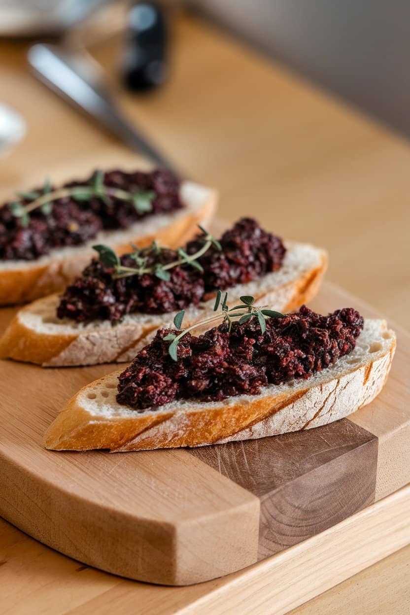 Indoor cutting board with toasted baguette slices topped with dark olive tapenade, a few thyme leaves sprinkled over. Soft lighting, no branding. Photo only.