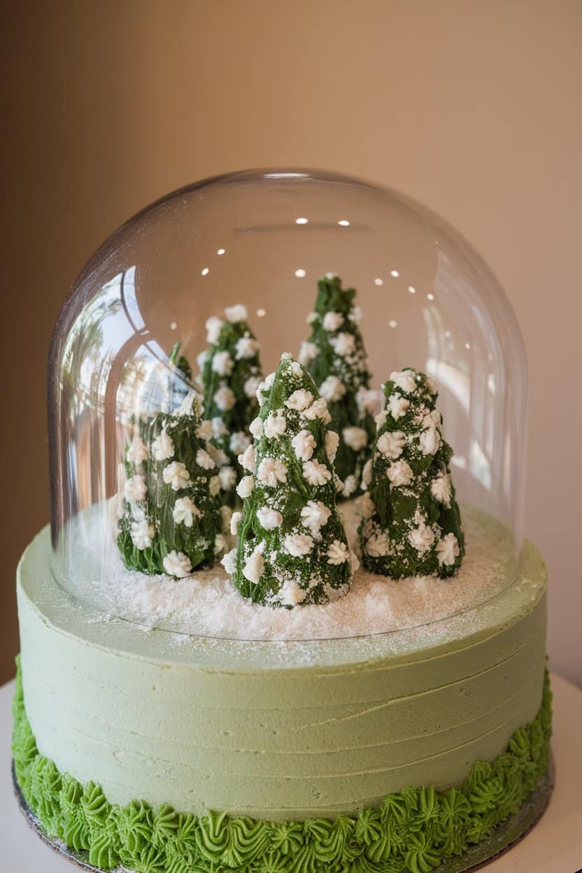 Indoor pastry display featuring a clear gelatin dome placed on a cake, encasing miniature fondant trees and a sprinkle of coconut snow, no text or logos.