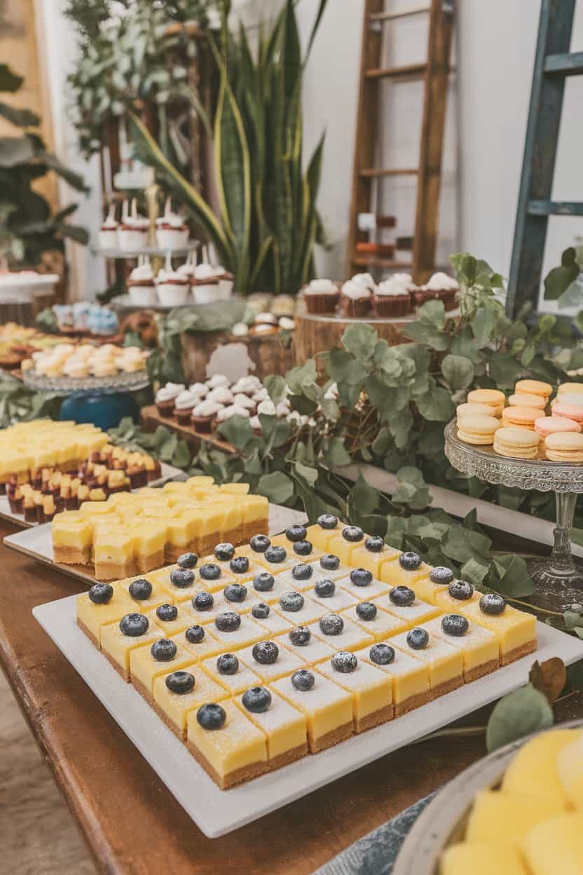 An indoor dessert table with lemon bars topped with fresh blueberries and a dusting of powdered sugar, cut into neat rectangles on a white platter. No text or logos. Photo.