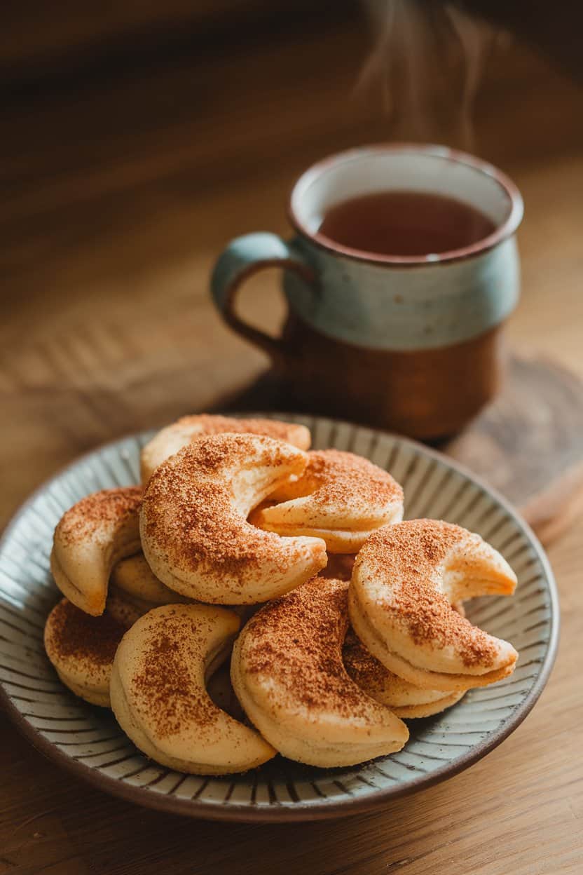Photo of an indoor ceramic plate piled with crescent-shaped cookies dusted in chai-spiced sugar, steam from a mug of tea in the background—no text or logos.