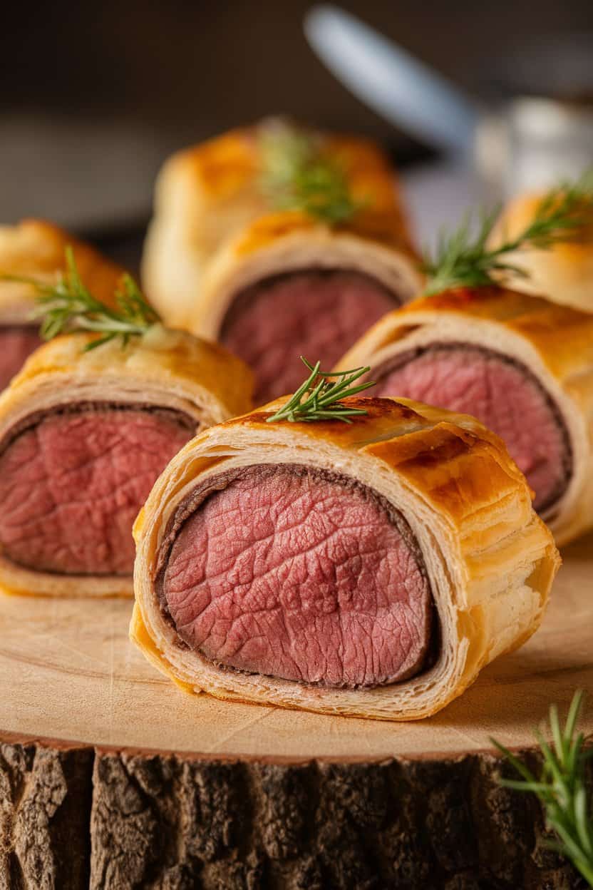 Indoor photo of puff-pastry wrapped beef cubes sliced open to reveal medium-rare centers, set on a wooden board; diffused spotlighting; no text or logos.