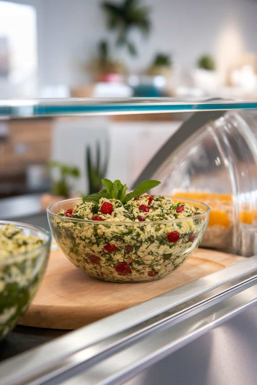 An indoor lunch counter with a shallow bowl of bright tabbouleh speckled with cranberries instead of tomatoes, mint leaves visible. No text or logos, photo only.