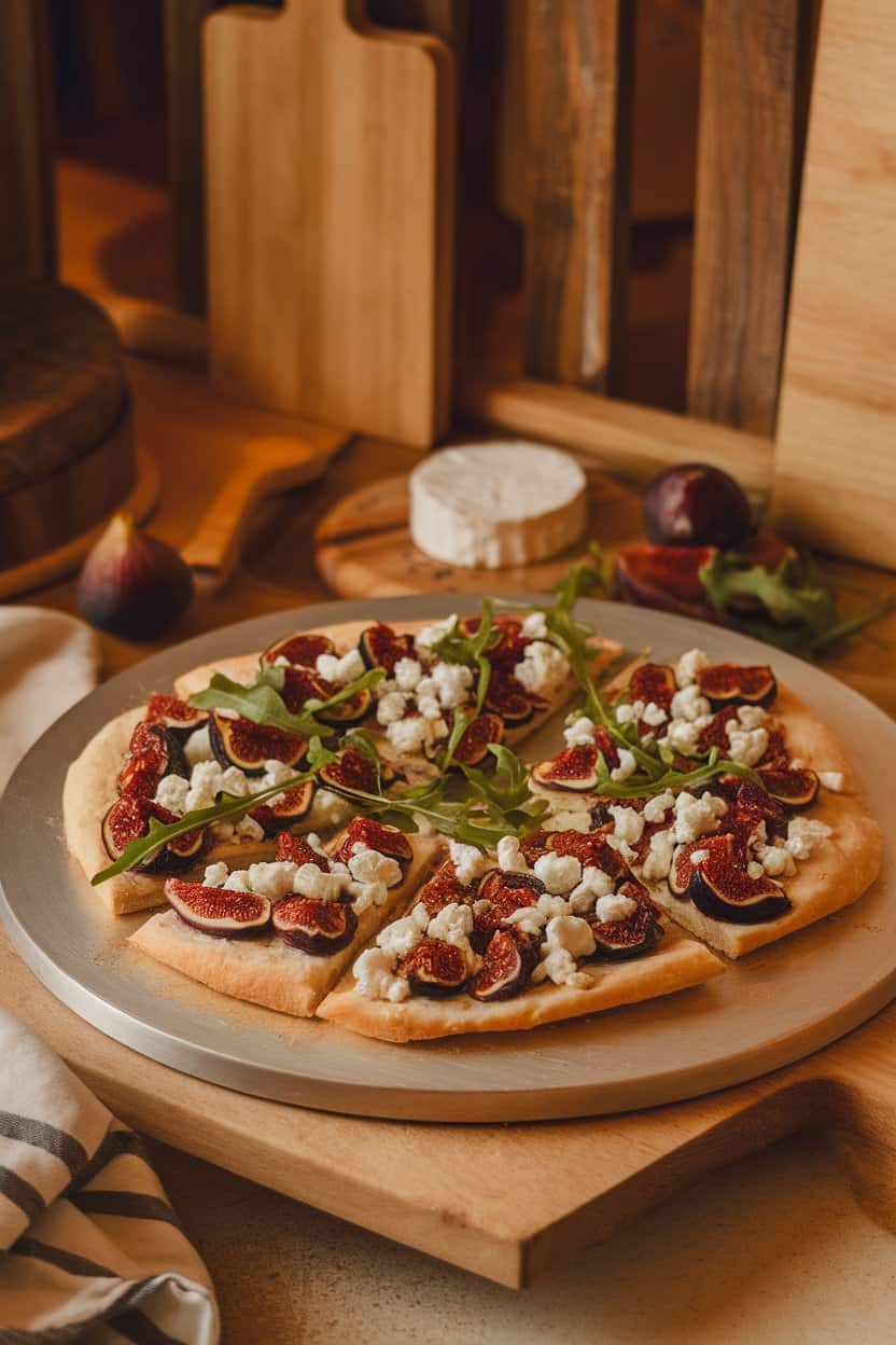 Indoor pizza stone with a baked flatbread topped with fig jam, crumbled goat cheese, and arugula, cut into squares. Warm kitchen lighting, no visible text or branding. Photo, not illustration.