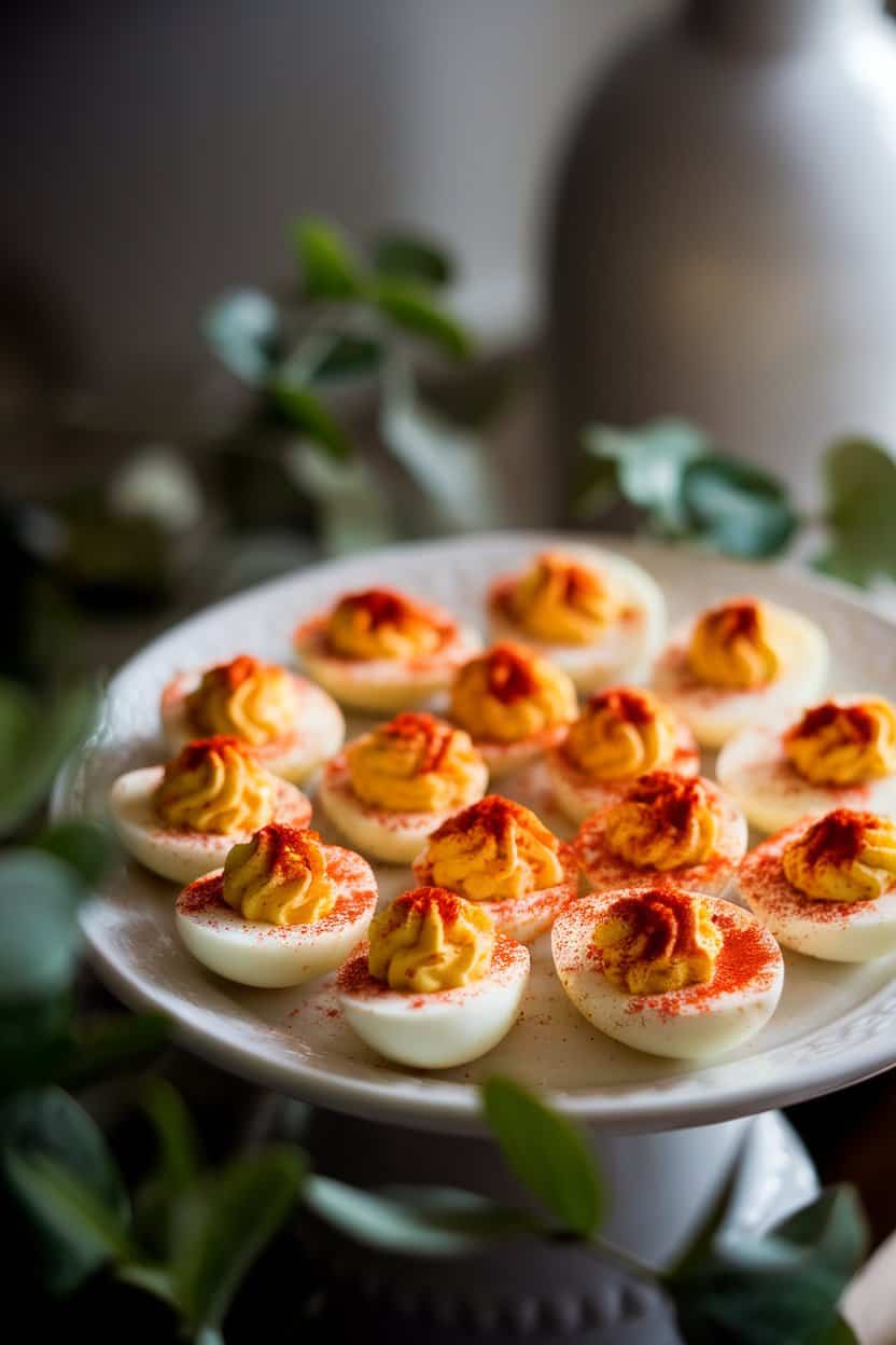 Indoor photo of a white porcelain platter holding halved deviled eggs dusted with deep-red smoked paprika, softly lit from the side to accent yolk creaminess; no text or logos.