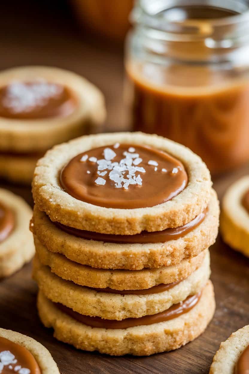 Indoor close-up of sugar cookies with caramel centers and flaky sea salt on top, caramel sauce jar in background. No text or logos.
