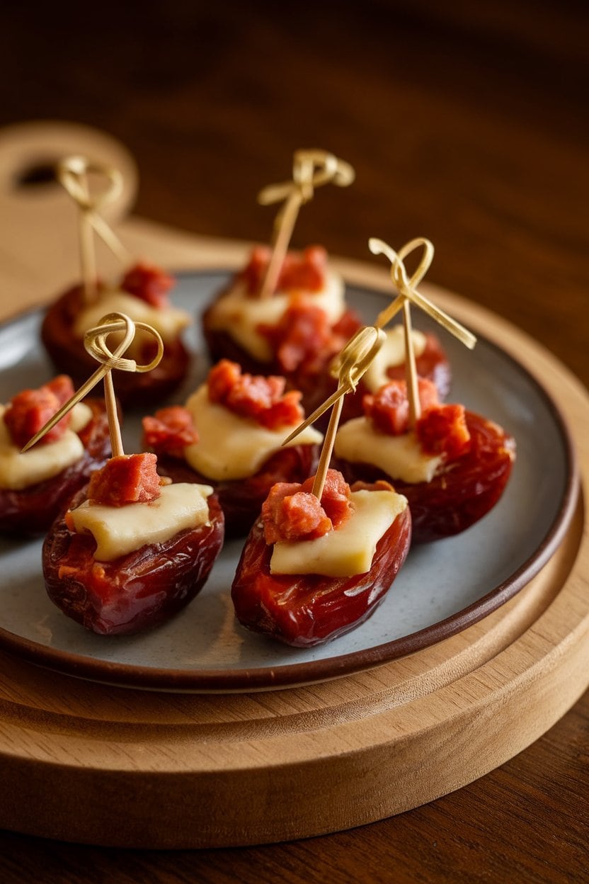 Indoor plate featuring halved dates filled with diced chorizo and melted manchego, secured with toothpicks. Warm lighting, no text or logos, photo.